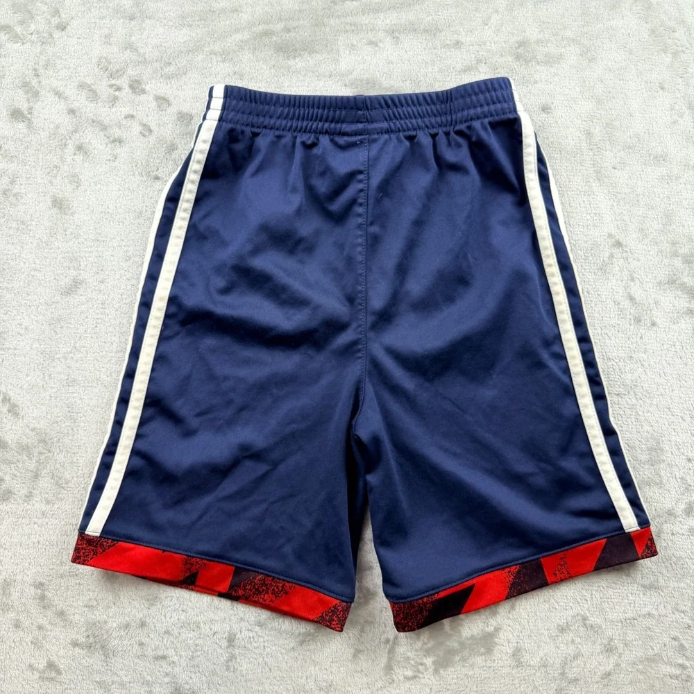 Adidas Navy Blue Shorts Kids Size 6 Red Graphic Hem Athletic Activewear